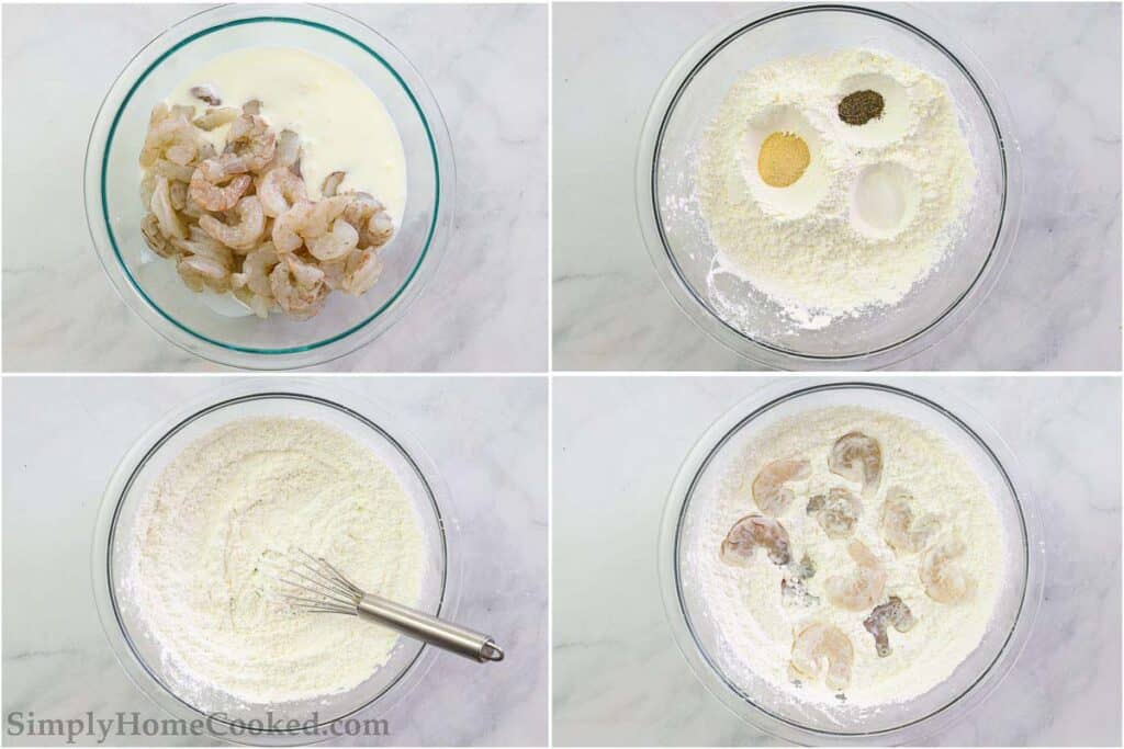 Steps to make Bang Bang Shrimp, including dredging the shrimp in buttermilk and a seasoned cornstarch mixture.