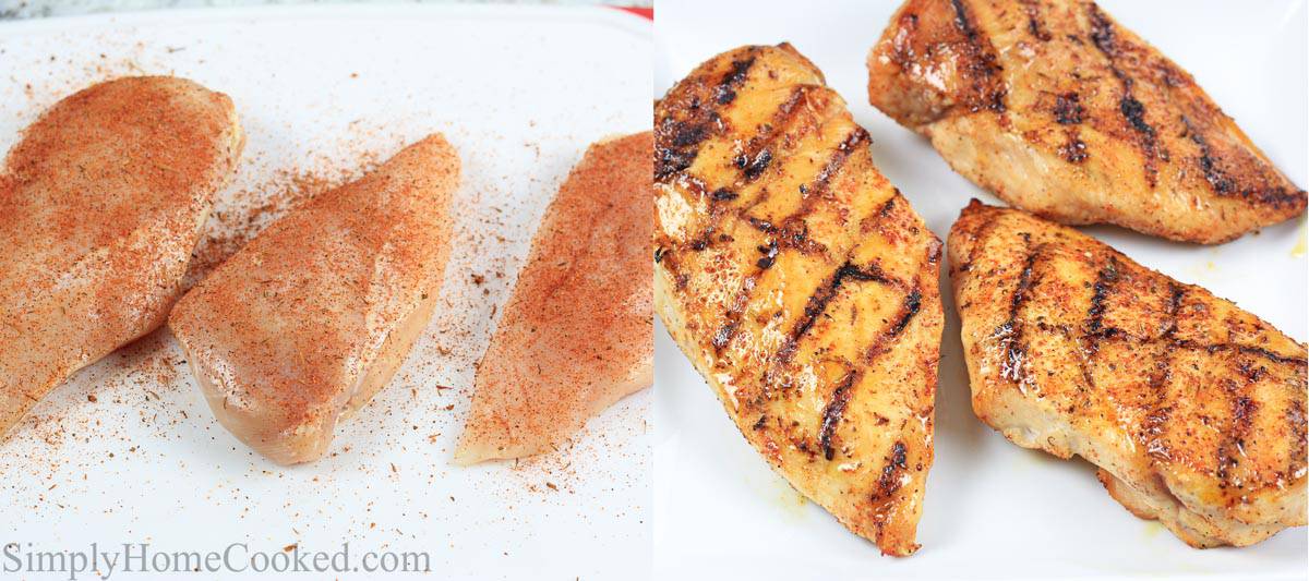 Creamy blackened chicken alfredo recipe with sauteed green onion and sun dried tomatoes. An easy and quick pasta dinner everyone will love! #chickenalfredo #cajunchicken #blackenedchicken #blackenedchickenpasta Steps to make Blackened Chicken Alfredo, including seasoning and cooking the chicken.