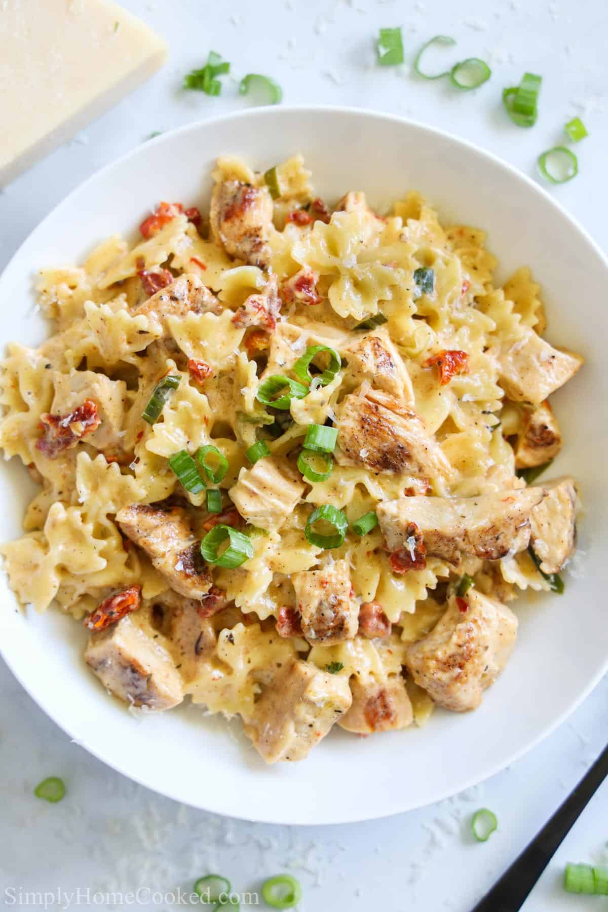 Creamy blackened chicken alfredo recipe with sauteed green onion and sun dried tomatoes. An easy and quick pasta dinner everyone will love! #chickenalfredo #cajunchicken #blackenedchicken #blackenedchickenpasta Plate of Blackened Chicken Alfredo garnished with green onion.