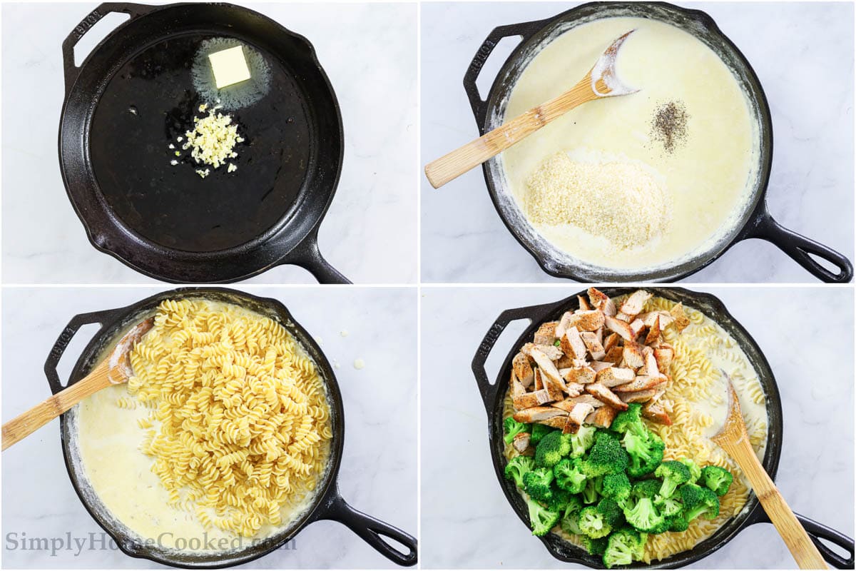 Steps to Chicken Broccoli Alfredo, including making the alfredo sauce and then adding everything together.