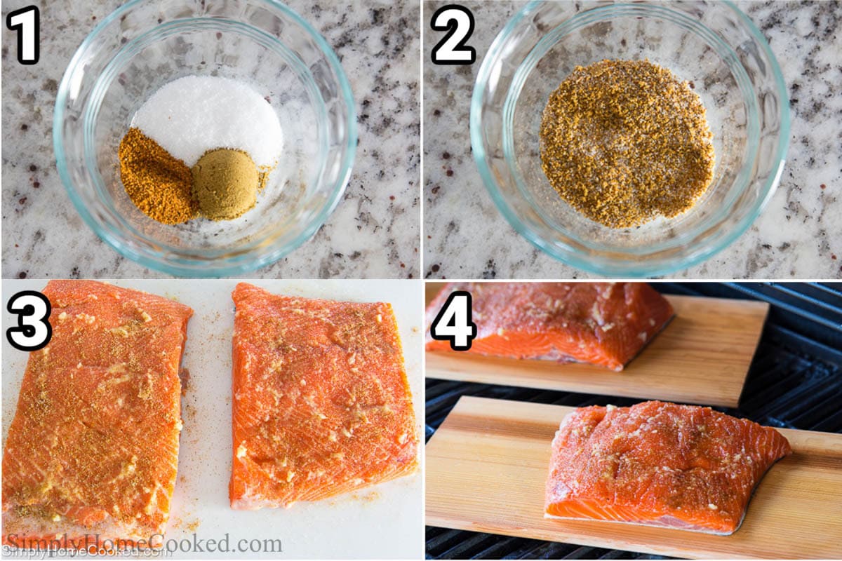 Steps to make Cedar Plank Salmon: combine the cumin, chili powder, and salt in a bowl, sprinkle on salmon, and grill.