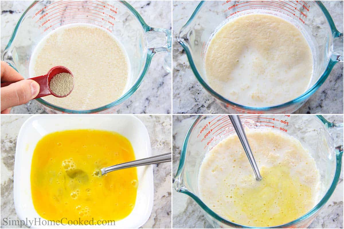 Steps to make Apple Fritters, including frothing the yeast and then adding beaten eggs to it.