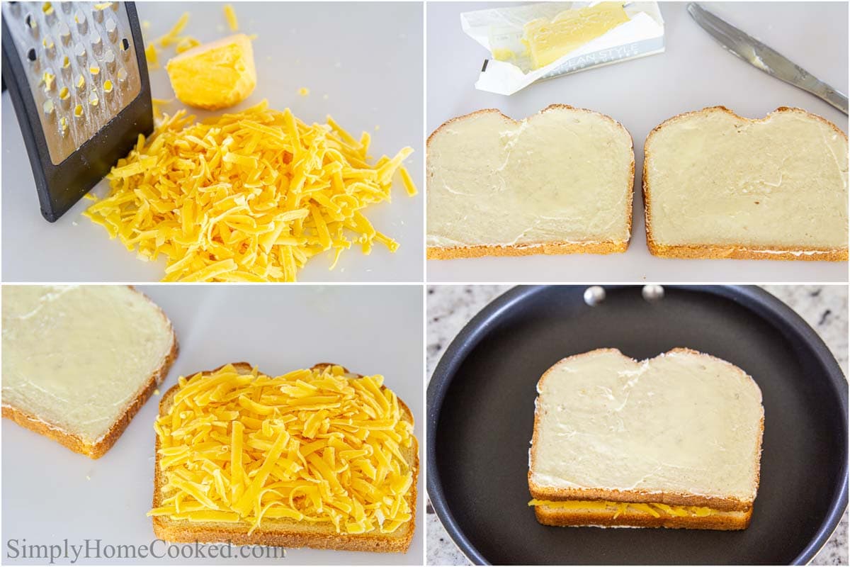 Steps to make a Grilled Cheese Sandwich, including grating the cheese, buttering the bread, and then assembling and grilling the sandwiches.