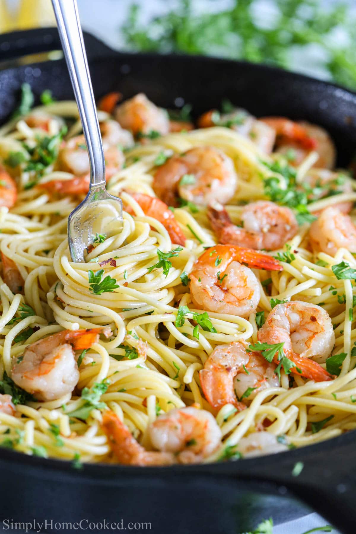 This garlic shrimp scampi pasta is so simple and delicious, you won't believe it only takes 25 minutes to make! Its an amazing weeknight meal! #shrimpscampi #scampi #garlicshrimp #shrimppasta #scampipasta Vertical image of Shrimp Scampi Pasta in a skillet with a fork