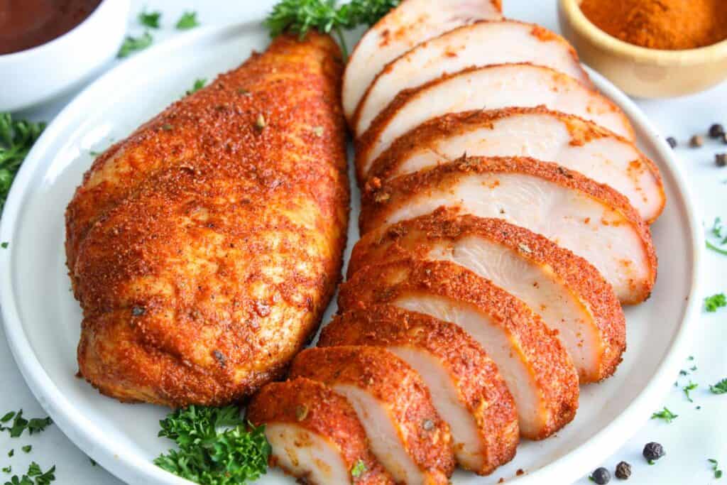 Horizontal image of Smoked Chicken Breast sliced on a plate with a parsley garnish