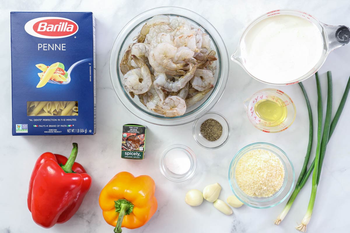 overhead image of rasta pasta ingredients