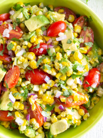 Vertical closeup image of Avocado Corn Salad