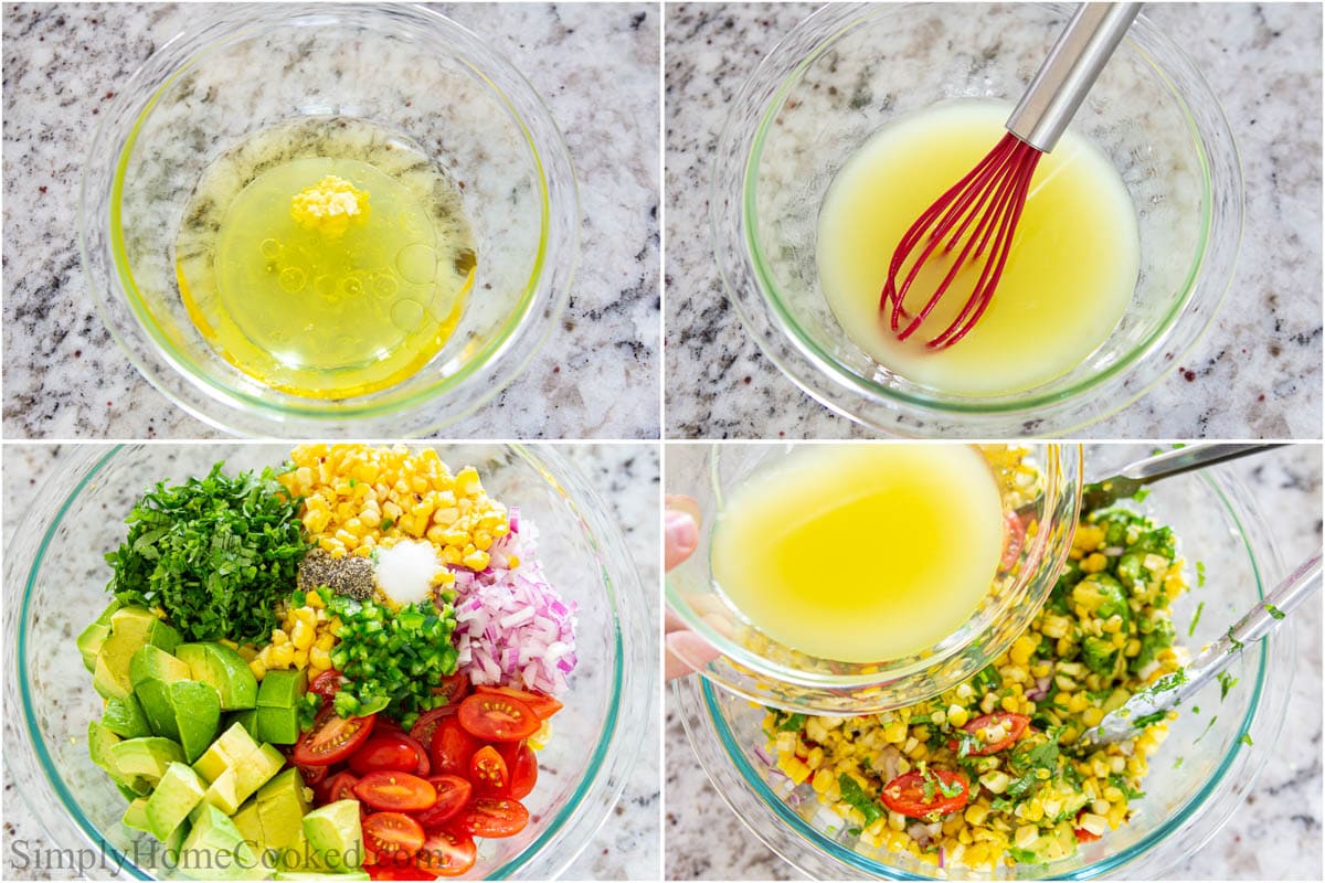 Steps to make Avocado Corn Salad, including making the dressing, combining the ingredients, and then tossing to combine.