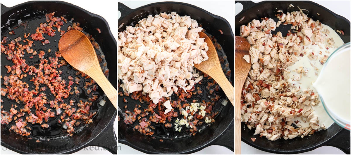 Steps for making Chicken Bacon Ranch Pasta, including making the cream sauce.