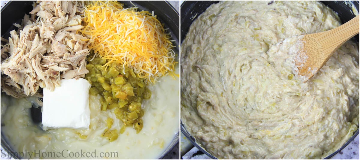 Steps to make Easy Chicken Enchiladas including adding the cream cheese, chicken, cheese, and chiles, and then stirring to melt and combine.