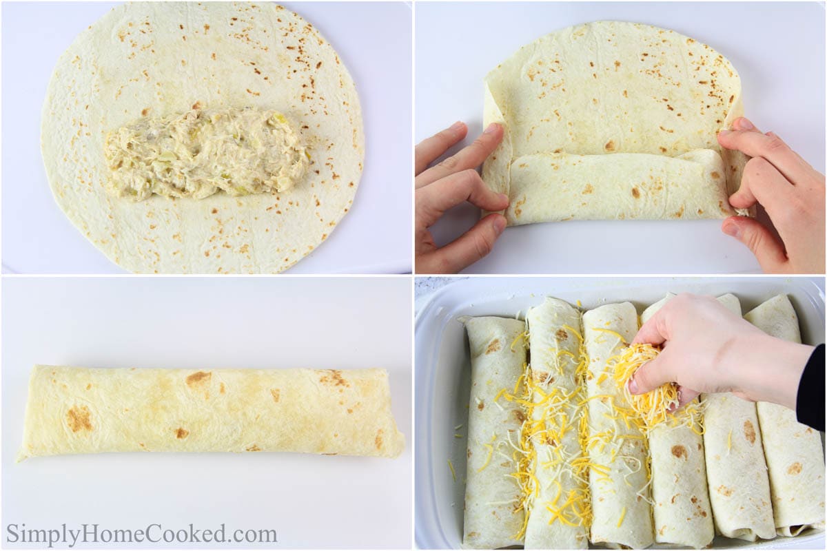 Steps to make Easy Chicken Enchiladas including filling the tortillas, rolling them, and then baking them with cheese on top.