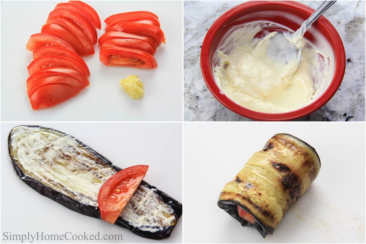 Steps to make Eggplant Appetizers, including slicing the tomatoes, making the spread, and rolling them up in eggplant slices.