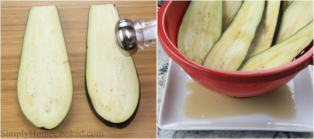 Steps to make Eggplant Appetizers, including salting the eggplant slices to sweat out excess water.