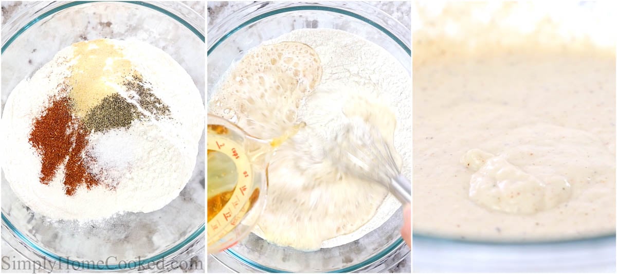 overhead image collage on steps to make beer batter for fish tacos