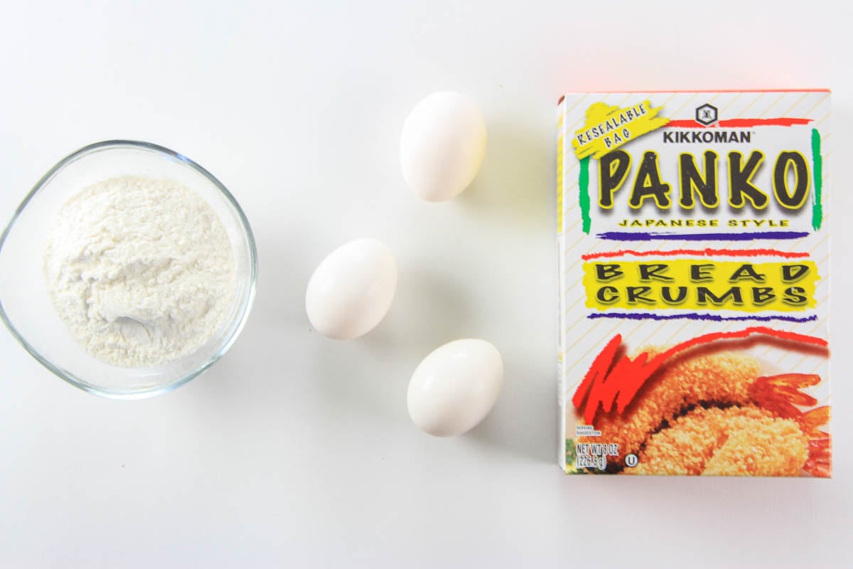 Ingredients for Healthy Chicken Nuggets with Quinoa, including Panko, flour, and eggs for the breading.