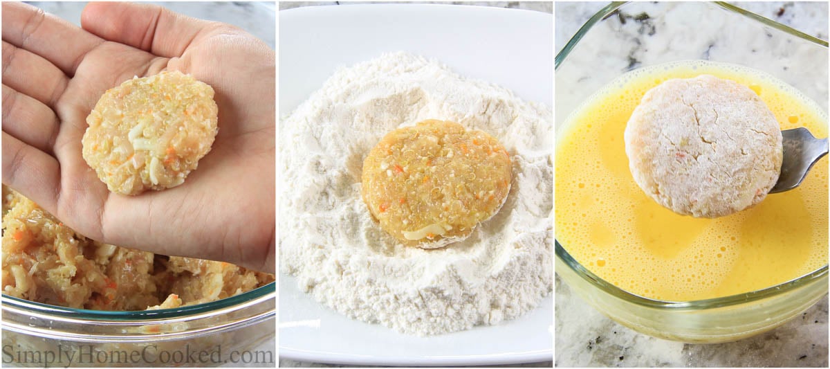 Steps to make Healthy Chicken Nuggets with Quinoa, including forming the nuggets and then dredging them.