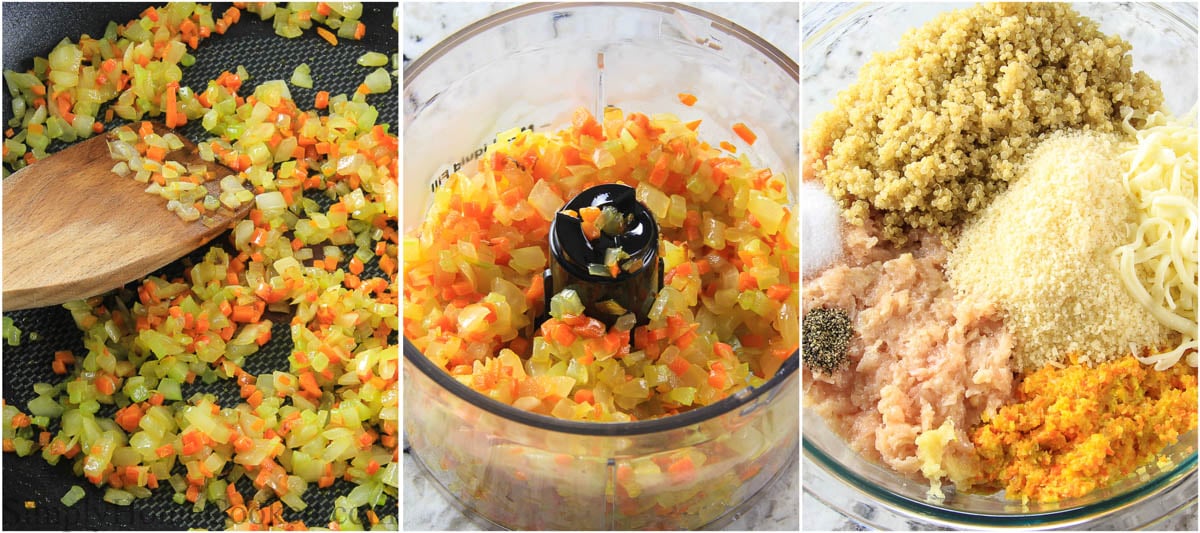 Steps to make Healthy Chicken Nuggets with Quinoa, including sauteeing the chopped vegetables and pureeing them, then combining with the other ingredients.