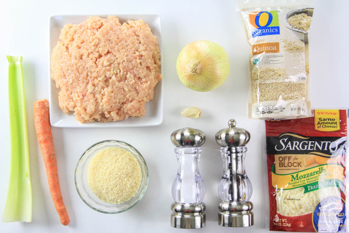Ingredients for Healthy Chicken Nuggets with Quinoa, including ground chicken, cheese, quinoa, onion, carrot, celery, garlic, salt, and pepper.