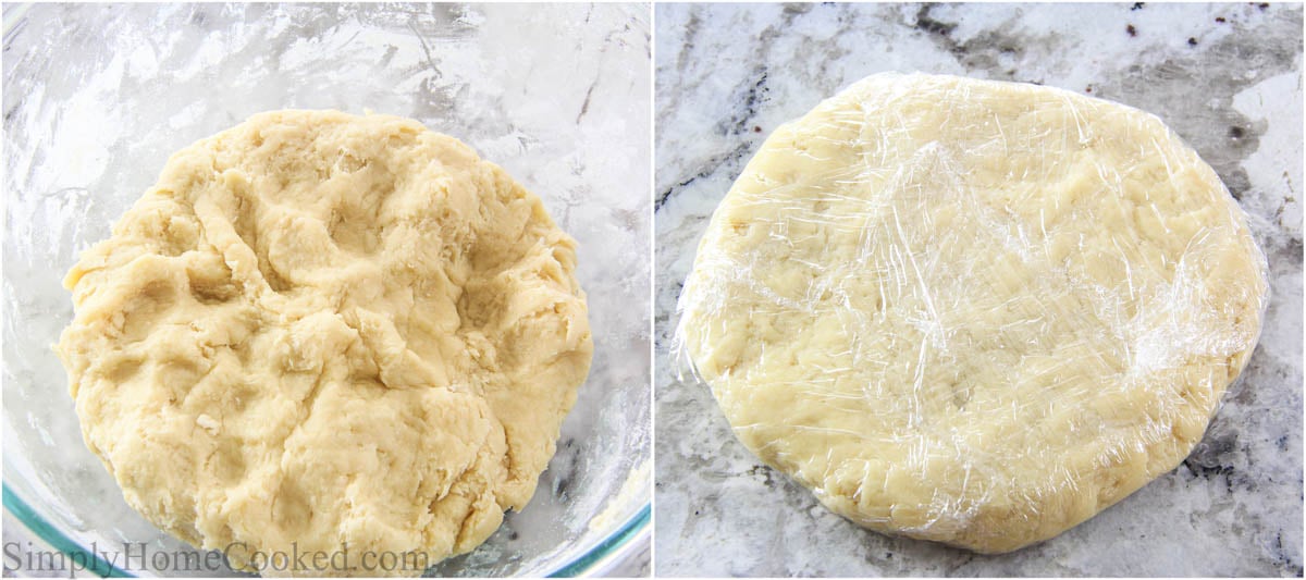 Steps to make Pear Tart, including wrapping and chilling the tart crust dough.