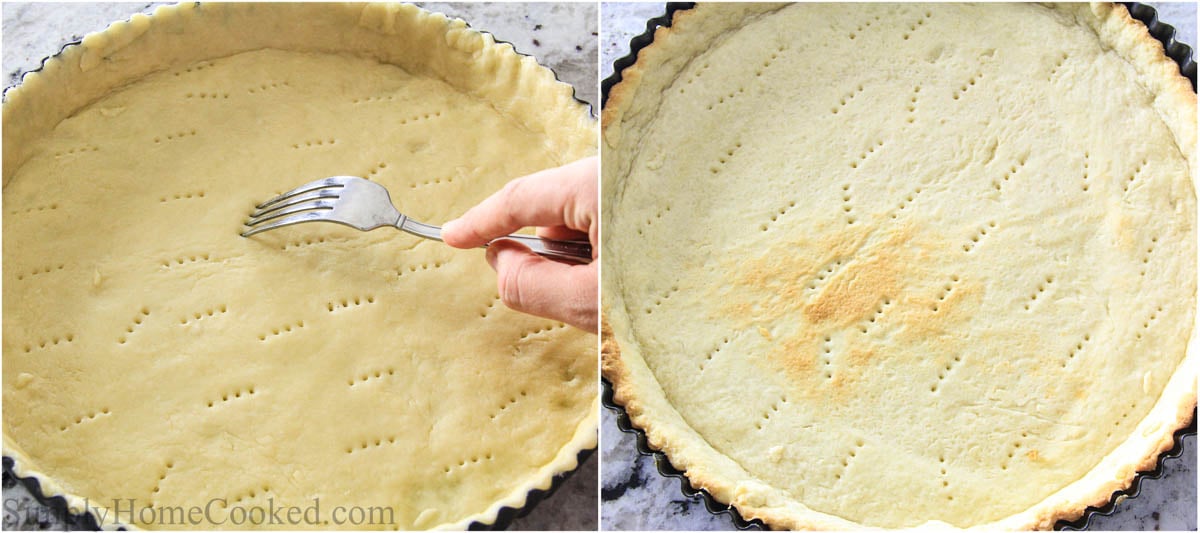 Steps to make Pear Tart, including poking it with holes and baking it. 