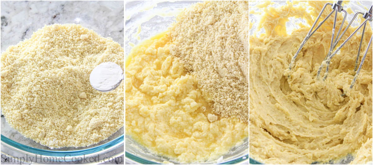 Steps to make Pear Tart, including combining the dry ingredients for the frangipane filling.
