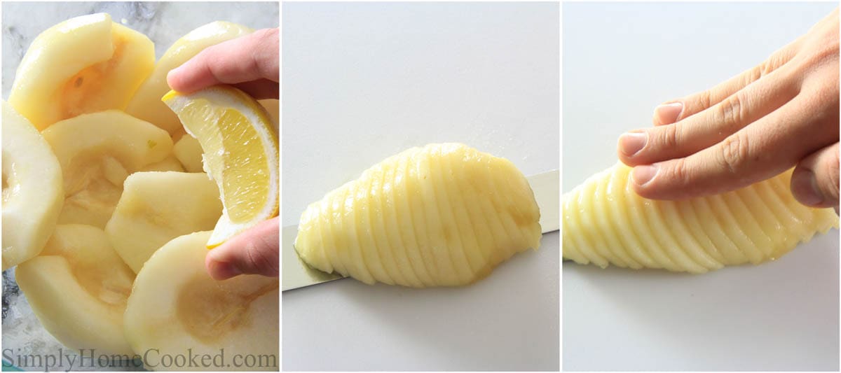 Steps to make Pear Tart, including cutting the pears and tossing them in lemon juice before slicing.