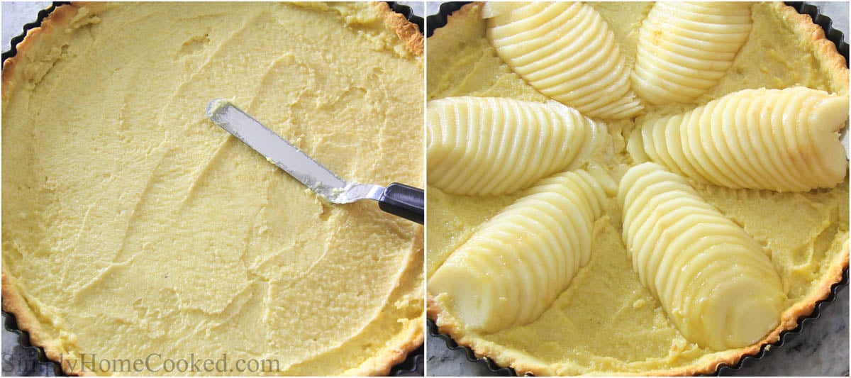 Steps to make Pear Tart, including adding the frangipane filling and assembling the pear slices on top.