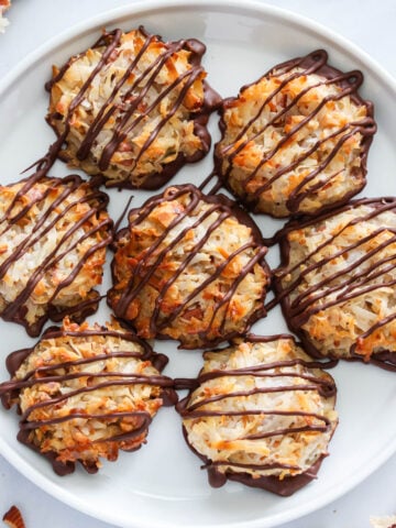Vertical image of a plate of Almond Joy Cookies