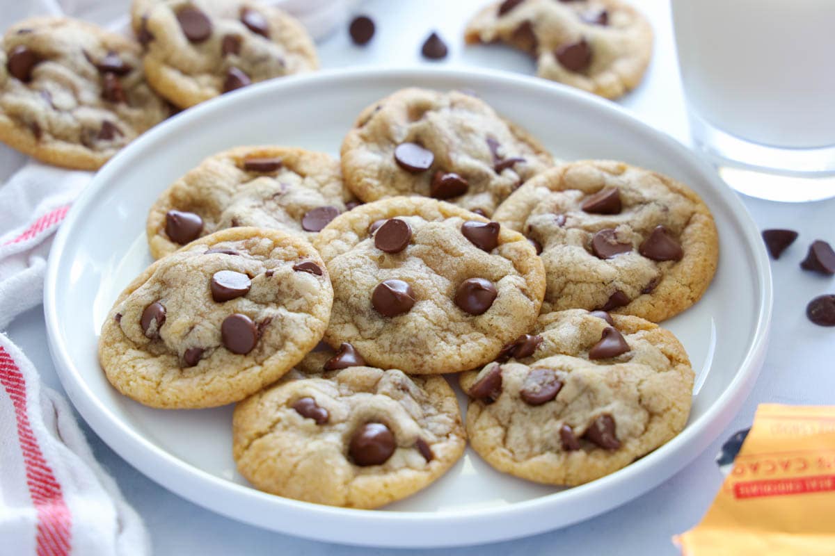 Horizontal image of a plate of Chewy Chocolate Chip Cookies 
