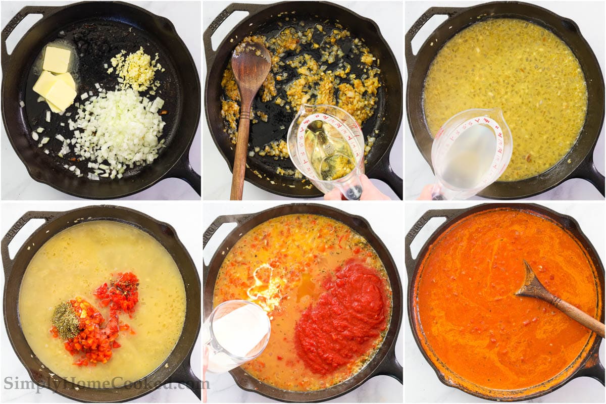 Steps to make Chicken Riggies, including sauteing the garlic, onion, and butter, then adding the wine and pasta water, then the peppers and seasoning and finally the heavy cream and crushed tomatoes before mixing with a wooden spoon.