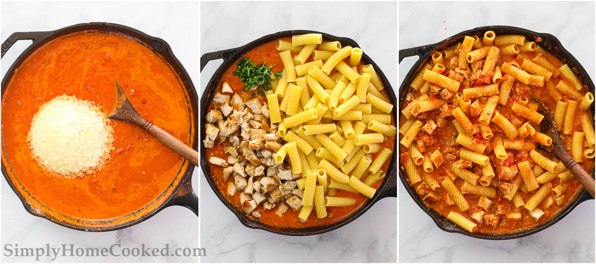 Steps to make Chicken Riggies, including adding the Parmesan cheese to the sauce, then the pasta and chicken before mixing it all together.