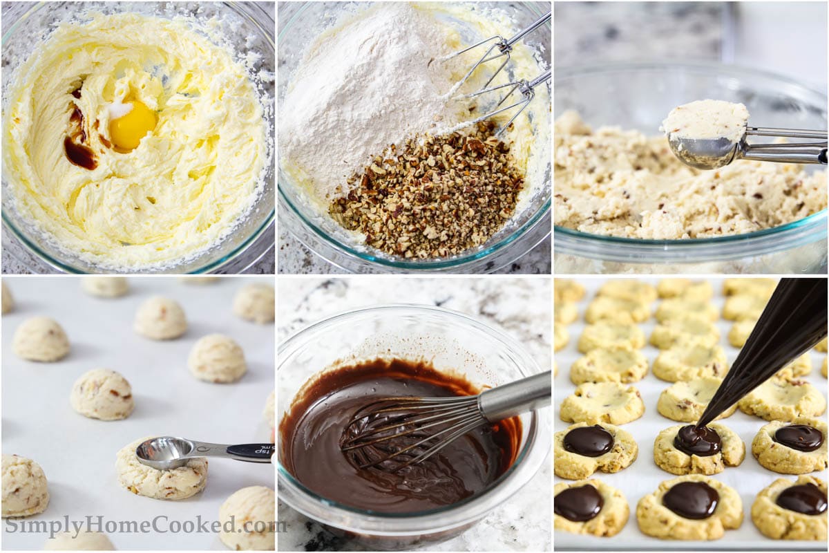 Steps to make Chocolate Thumbprint Cookies including mixing the wet ingredients, then adding the dry, scooping the dough and making the thumbprint, and finally making and piping the ganache.