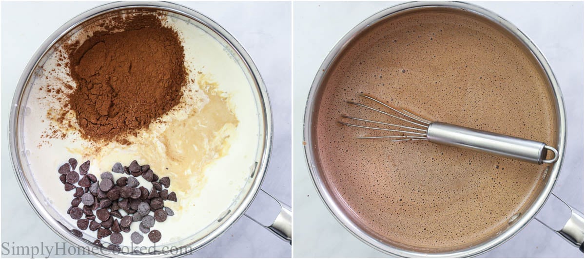 Steps to make Hot Chocolate, including combining the ingredients and bringing them to a simmer, stirring with a whisk