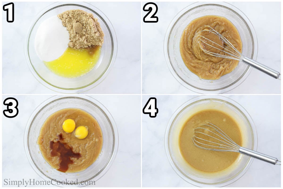 Steps to make Chewy Chocolate Chip Cookies, including mixing the wet ingredients together with a whisk.