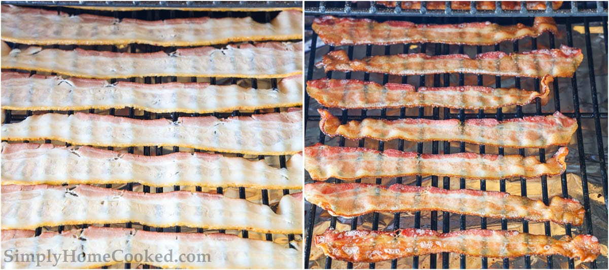 Vertical close up of Traeger smoked bacon on a pellet grill