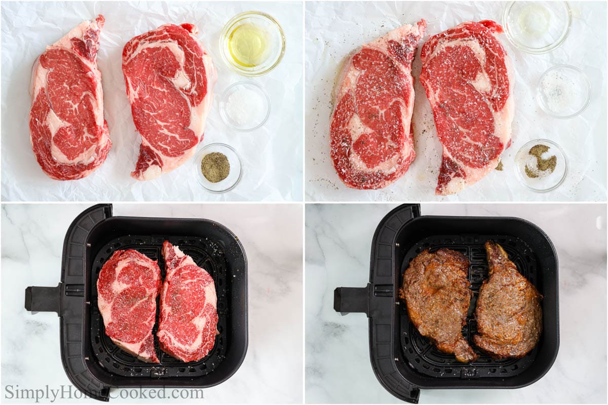 Steps to make Juicy Air Fryer Steak, including adding oil and seasonings, then cooking in the air fryer.