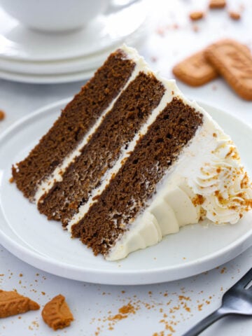 a slice of Gingerbread Cake on a white plate
