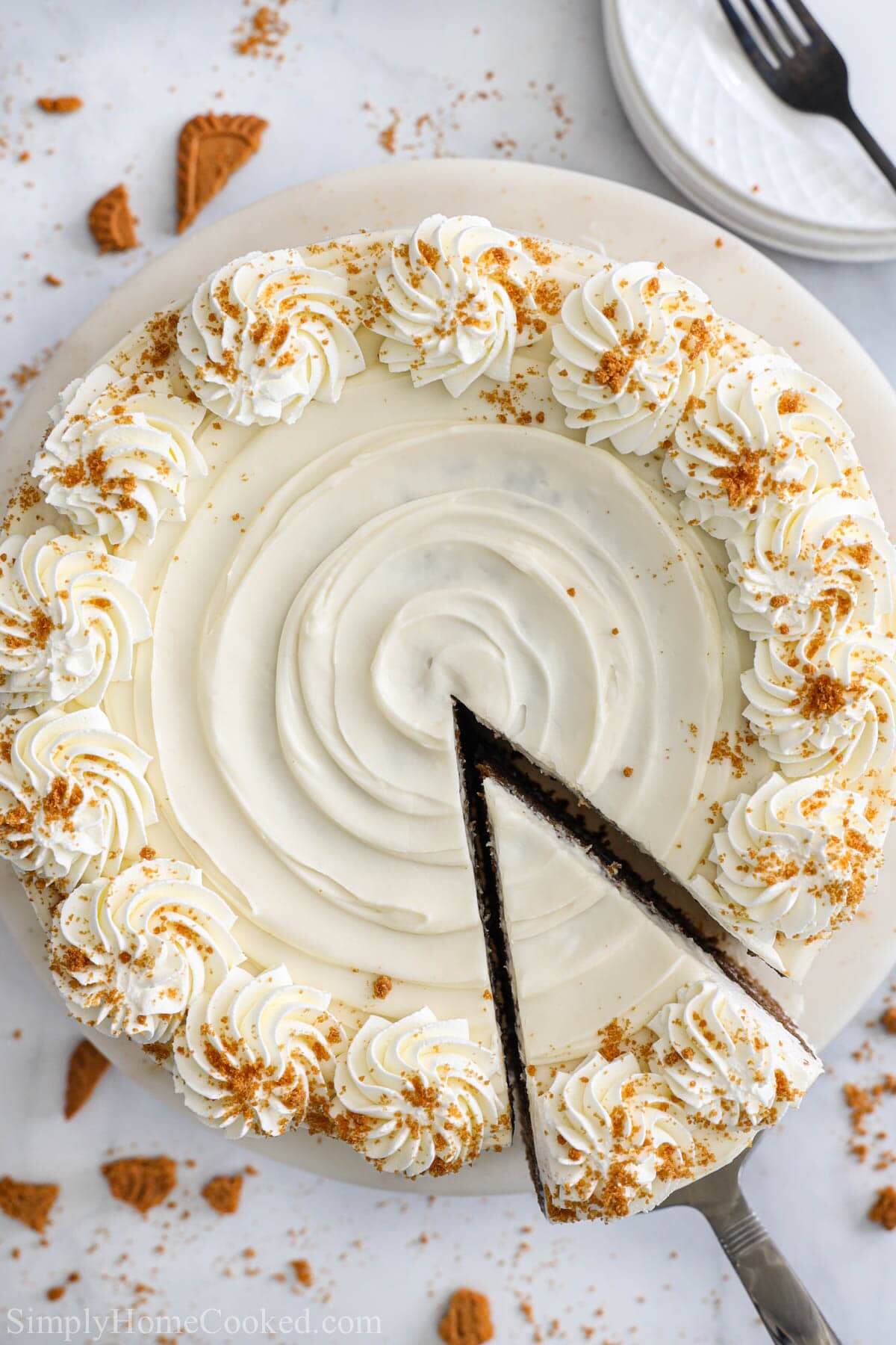Overhead image of Gingerbread Cake with a slice cut out