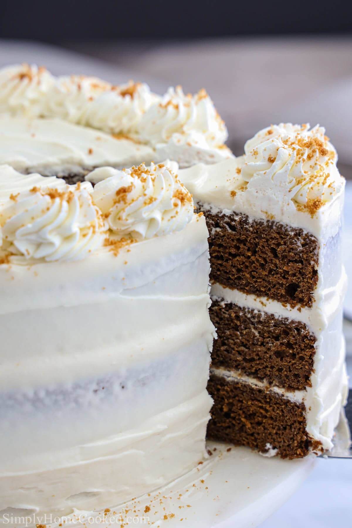 Vertical image of a slice being removed from a Gingerbread Cake
