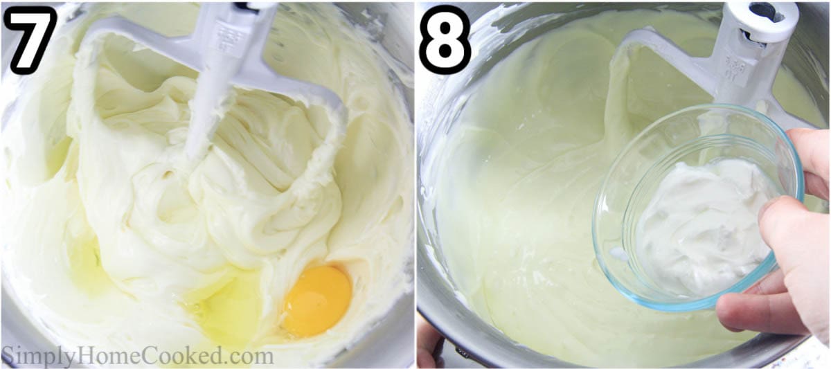 Steps to make Pumpkin Cheesecake, including adding the eggs and sour cream and mixing.
