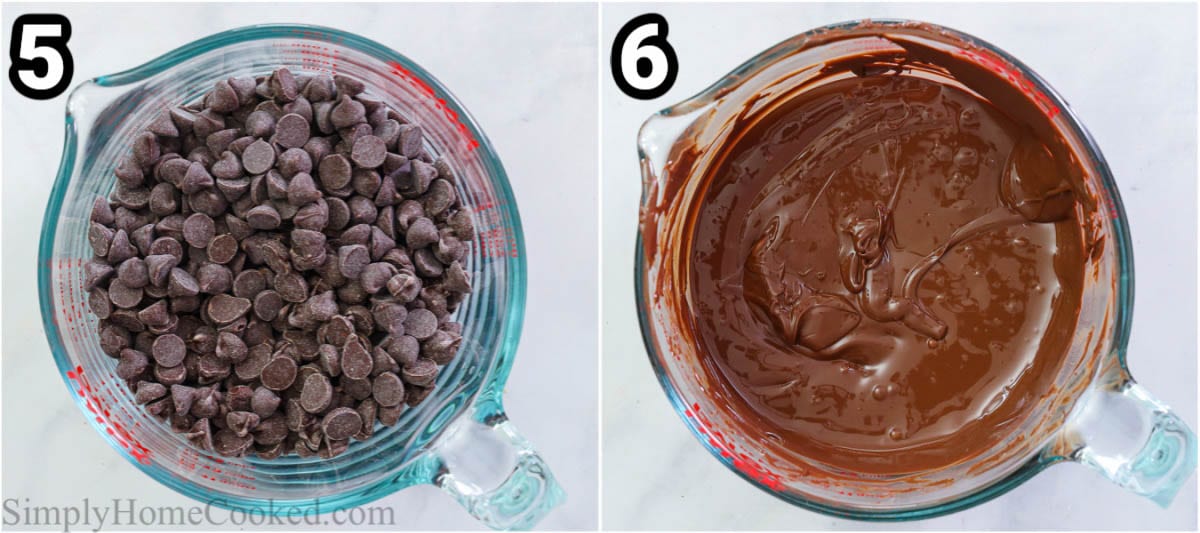 Steps to make Almond Joy Cookies, including melting the chocolate chips.