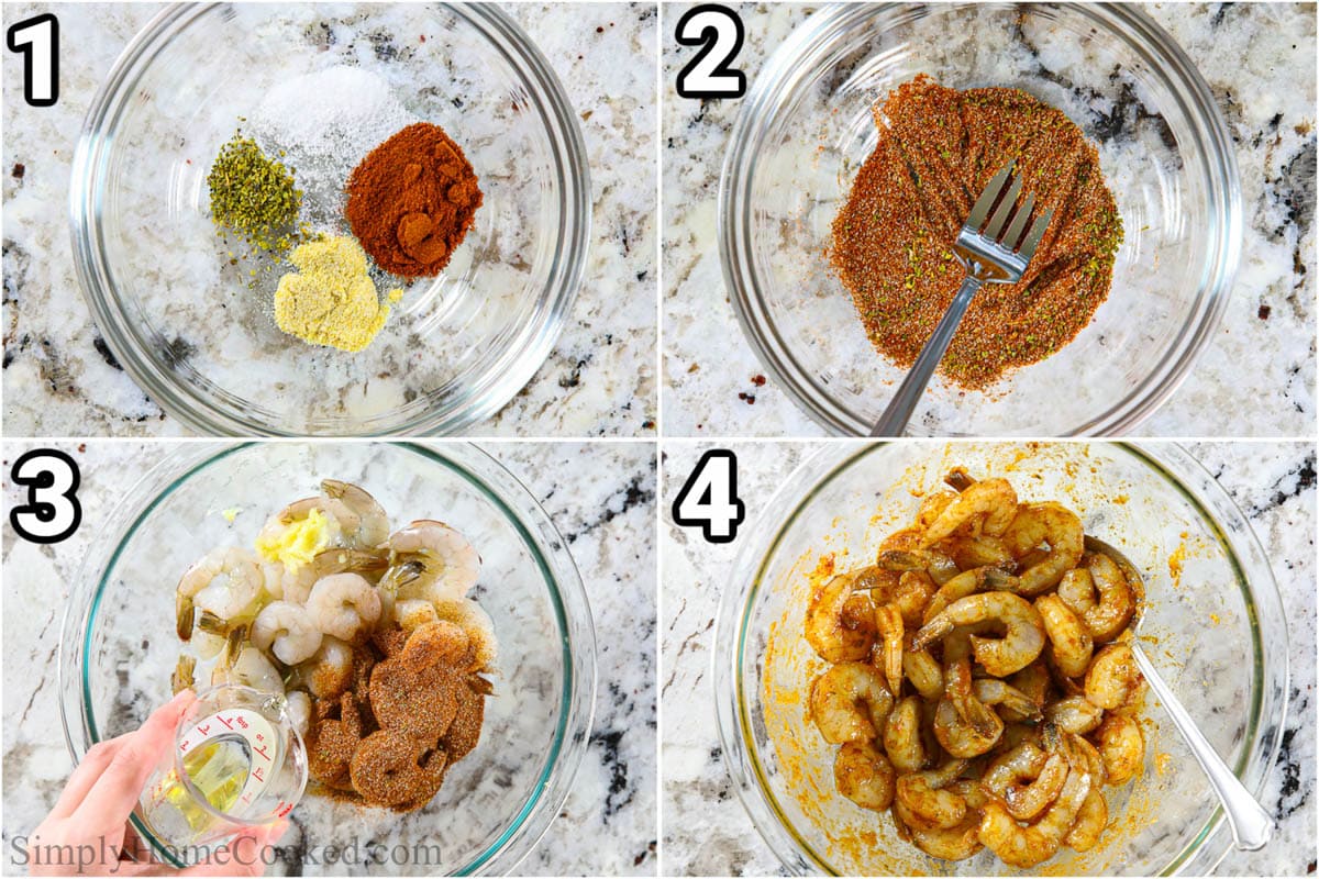 These easy blackened cajun shrimp only take 10 minutes to make. If you're looking for a quick add-on to your pasta dosh or salad, this is perfect. #shrimpdinner #lowcarbshrimp #10minuteshrimp #blackenedshrimprecipe Steps to make Cajun Shrimp, including mixing the seasonings with a fork, then tossing them with oil and the shrimp.