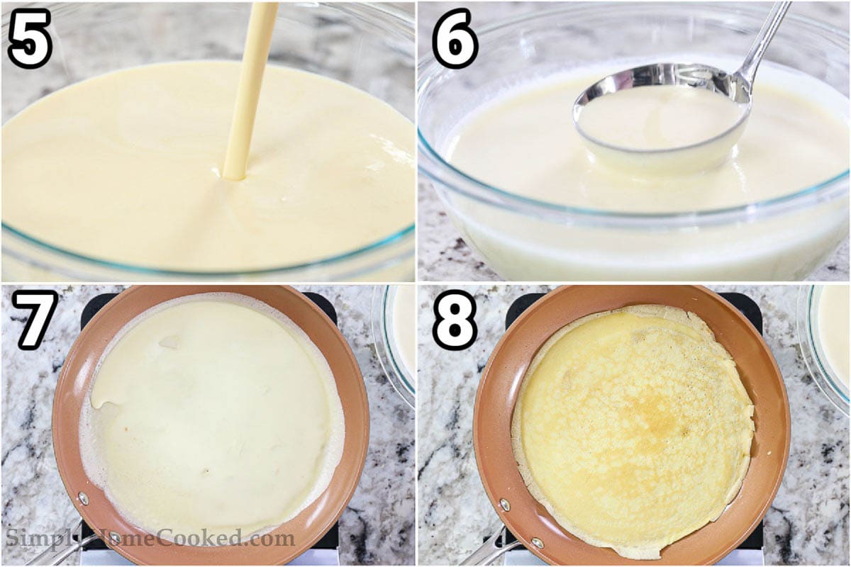 Steps for making Crepes, including pouring the batter in the pan, cooking it, then flipping it.