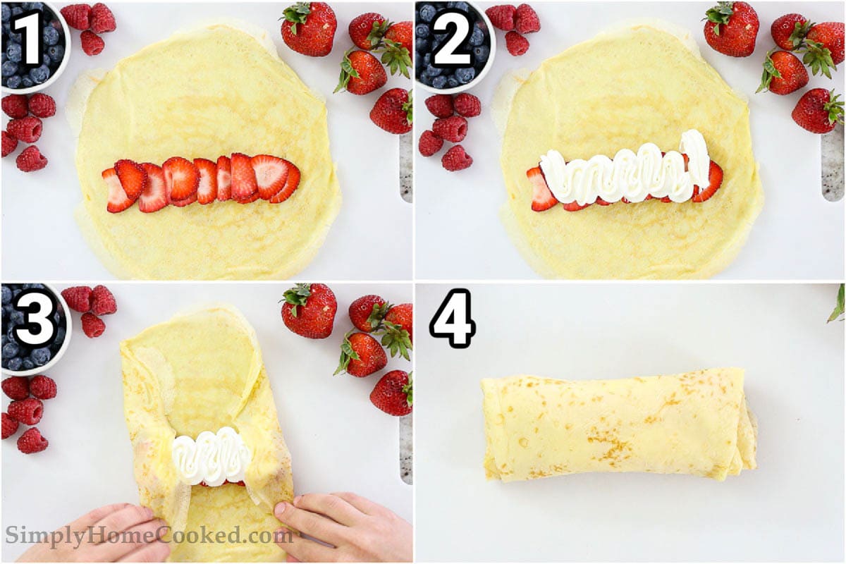 Steps to fold crepes with a pocket fold, with a strawberry and cream filling.