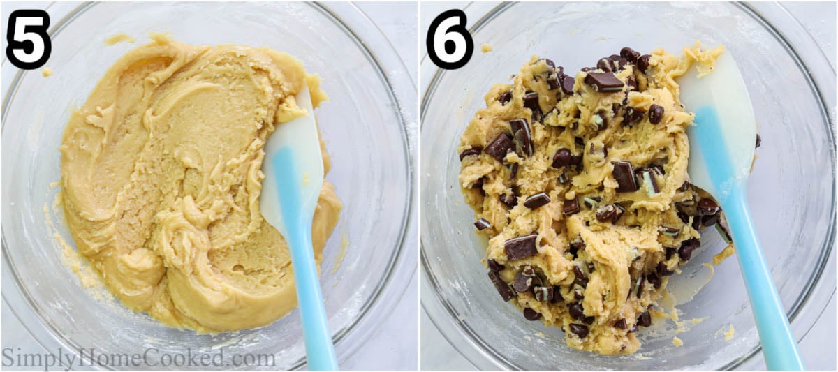 Steps to make Mint Chocolate Chip Cookies, including adding the chocolate chips and Andes candies, scooping out the dough, and then backing the cookies.