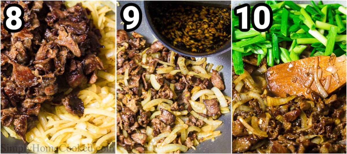 Steps to make Mongolian Beef, including adding everything together, covering with sauce, and serving.