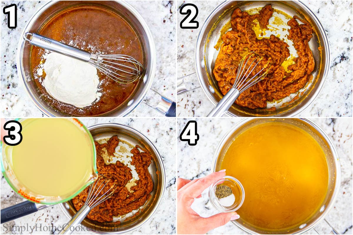 Steps to make Turkey Gravy, including making the roux, whisking in the broth, and then the salt and pepper.