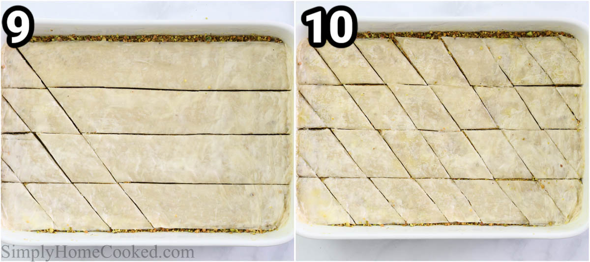 Steps to make Baklava, including cutting the assembled baklava into a diamond pattern.