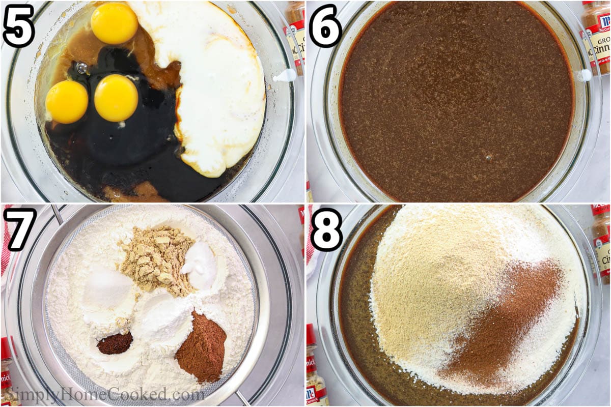 Steps to make Gingerbread Cake, including whisking all the wet ingredients together, then sifting the dry ingredients into them.