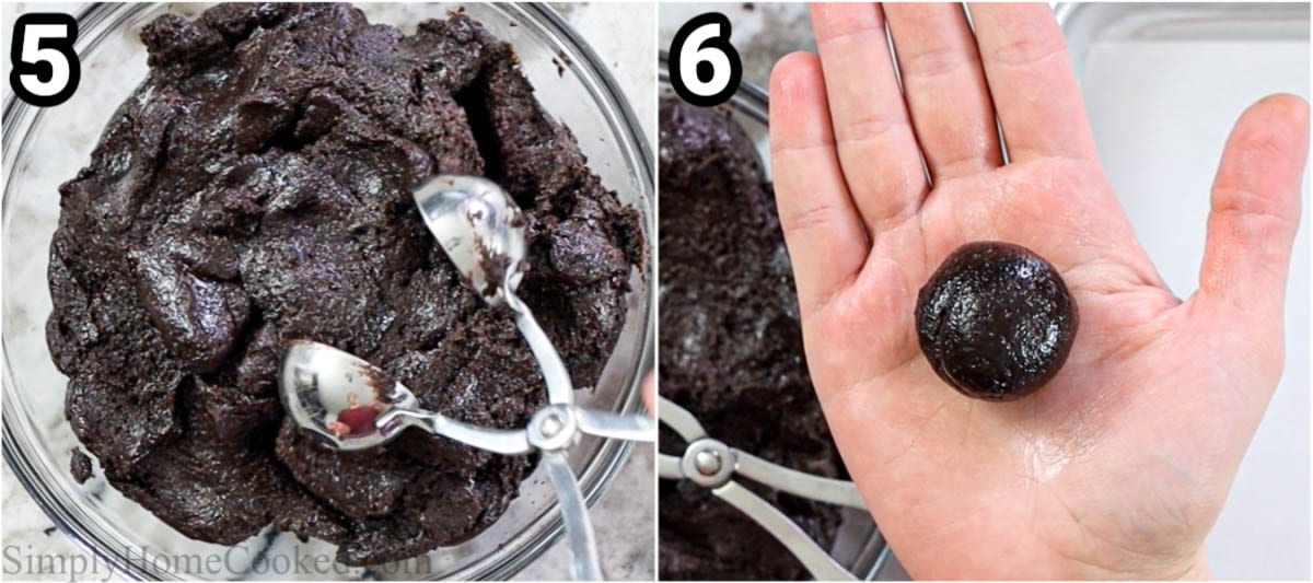 Steps to make Oreo Truffles: Shape the mixture into balls with a cake baller and then your hands.